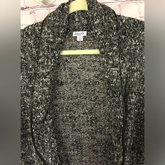 Splendid Open Knit Black White Texture Cardigan Faux Leather Trim Shawl Collar S - Picture 2 of 13